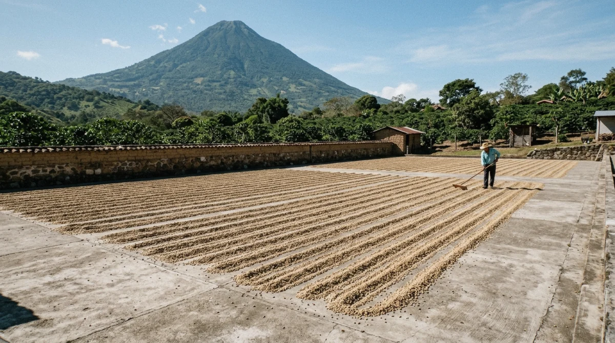 Coffee cherries spread out on a drying patio at a farm near Antigua, visited on a coffee farm tour without a tour