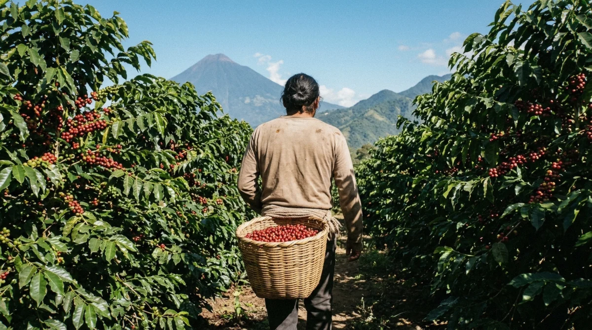 A basket of freshly picked ripe coffee cherries during harvest season on a coffee tour in Antigua Guatemala