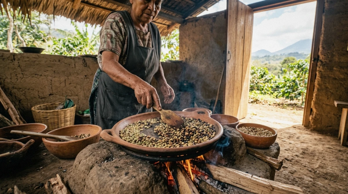 Coffee beans being hand roasted over a wood-fired comal on a coffee tour in Antigua Guatemala