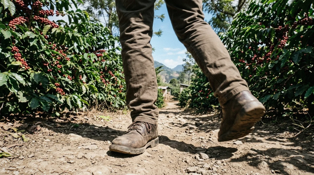 Broken-in walking shoes on a dirt path through coffee bushes, the right footwear for a coffee farm tour in Antigua